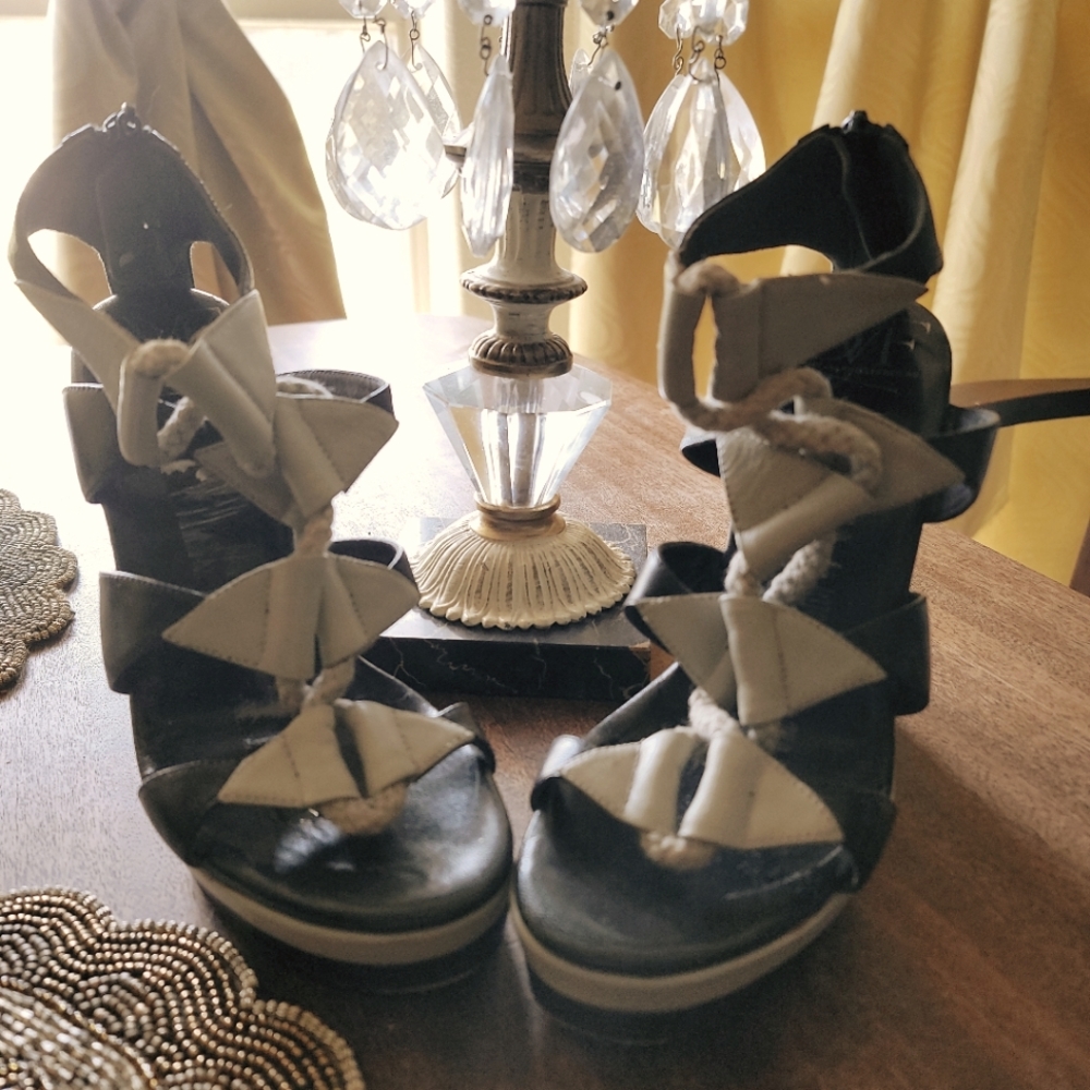 Used Diane Von Furstenberg rope detail leather platform wedge sandals